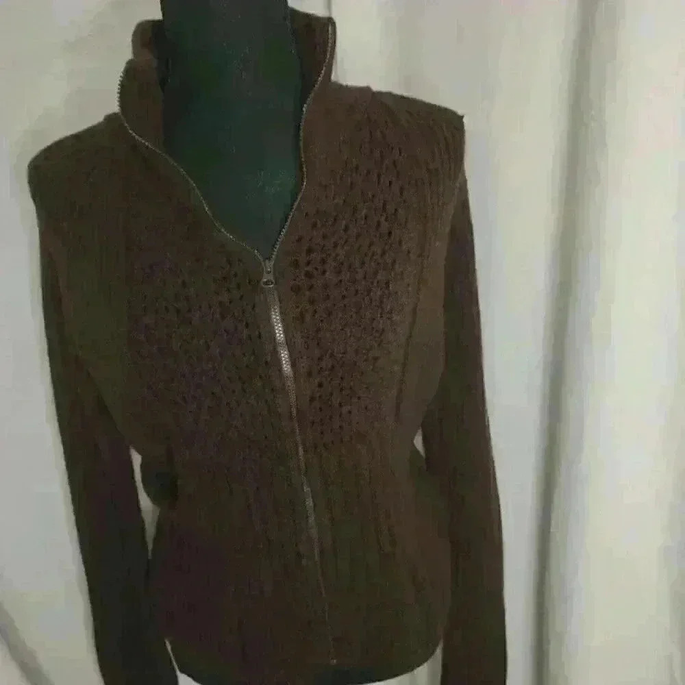Women’s Studio Y Brown Full Front Zip Cable Knit Sweater Large - Picture 1 of 7